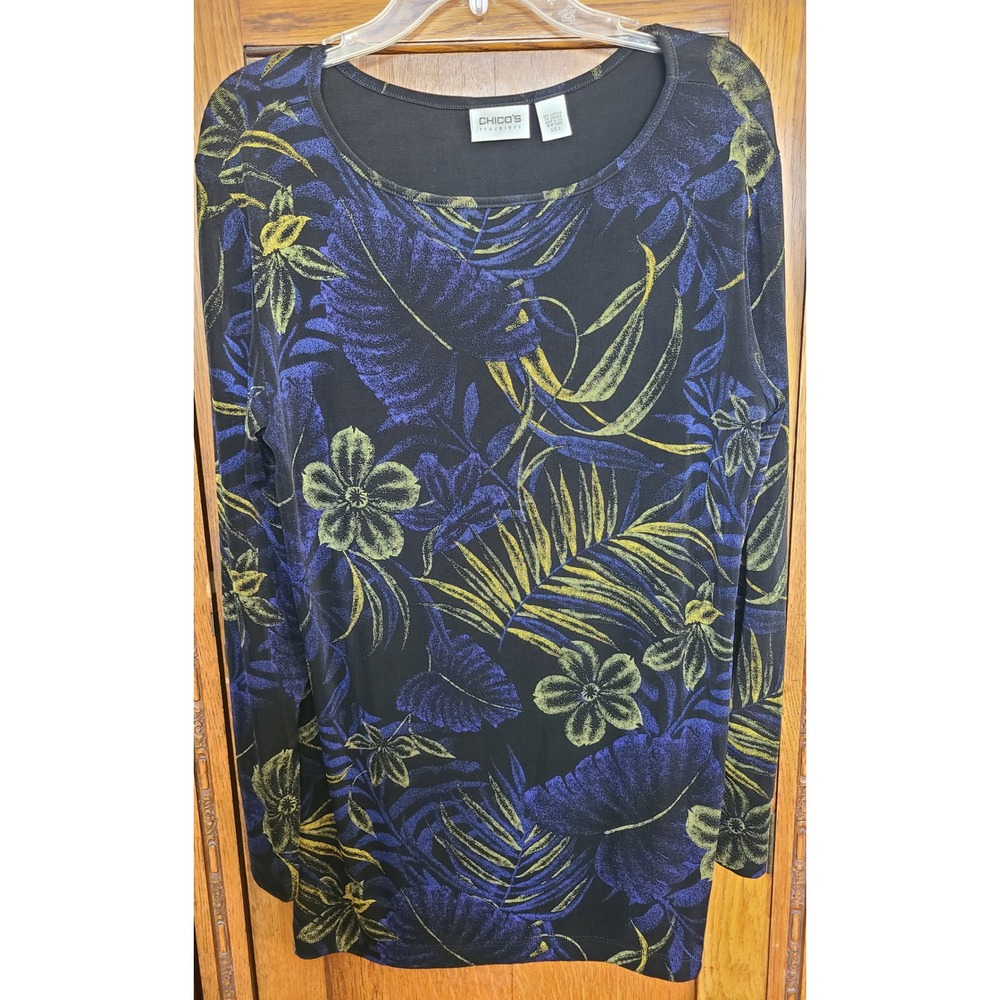 Chicos Travelers Women Size 2 Lg Blue Green Tropical Floral Tunic Top L/S FLAWS